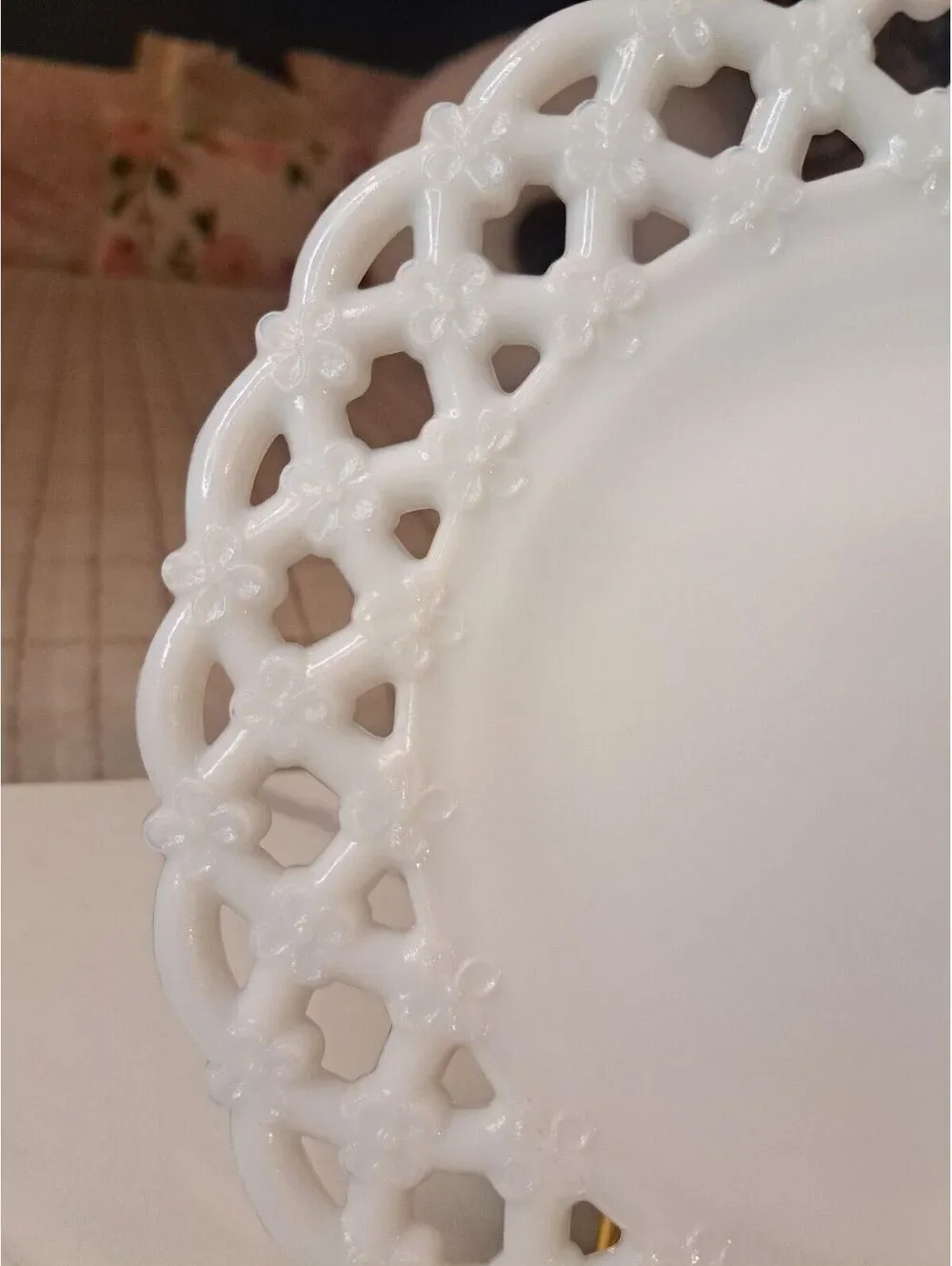 Vintage Westmoreland Forget Me Not Open Lattice Milk Glass Plate 8.5